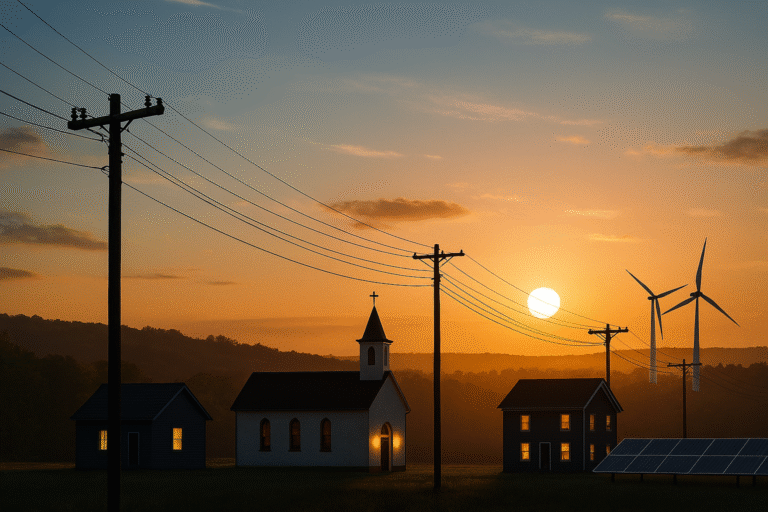 a small-town sunset with utility poles and lines leading into the distance, a mix of local buildings, solar panels, and wind turbines on the horizon. The golden light and long shadows give it that grounded, community feel while also celebrating modern, renewable energy.